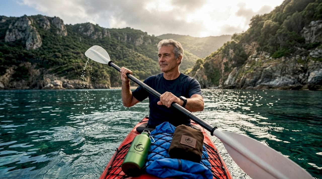 Un uomo in kayak si avventura lungo le scogliere dell’Elba, alla scoperta dei suoi angoli più selvaggi.