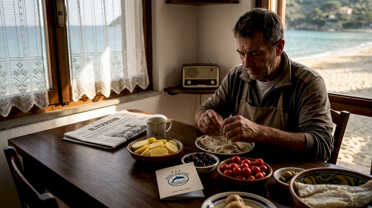 Un pescatore si dedica alla preparazione dello stoccafisso, seguendo la tradizionale ricetta dell’Elba.