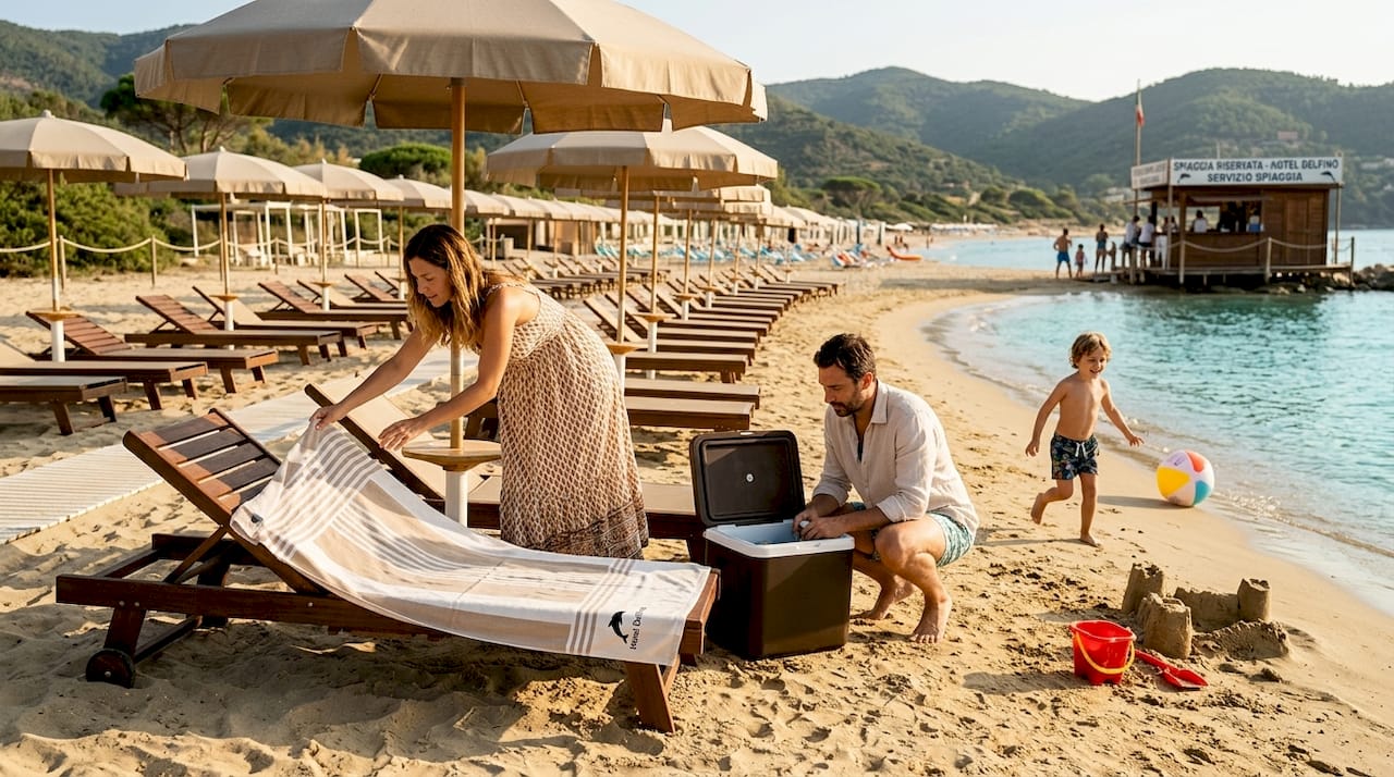 Famiglia in vacanza all’Elba si gode i comfort di una spiaggia privata