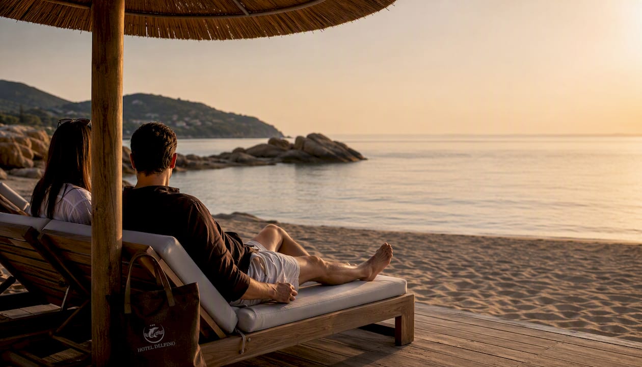 Una coppia si gode il relax su comodi lettini, immersa nell’atmosfera esclusiva di una spiaggia privata.